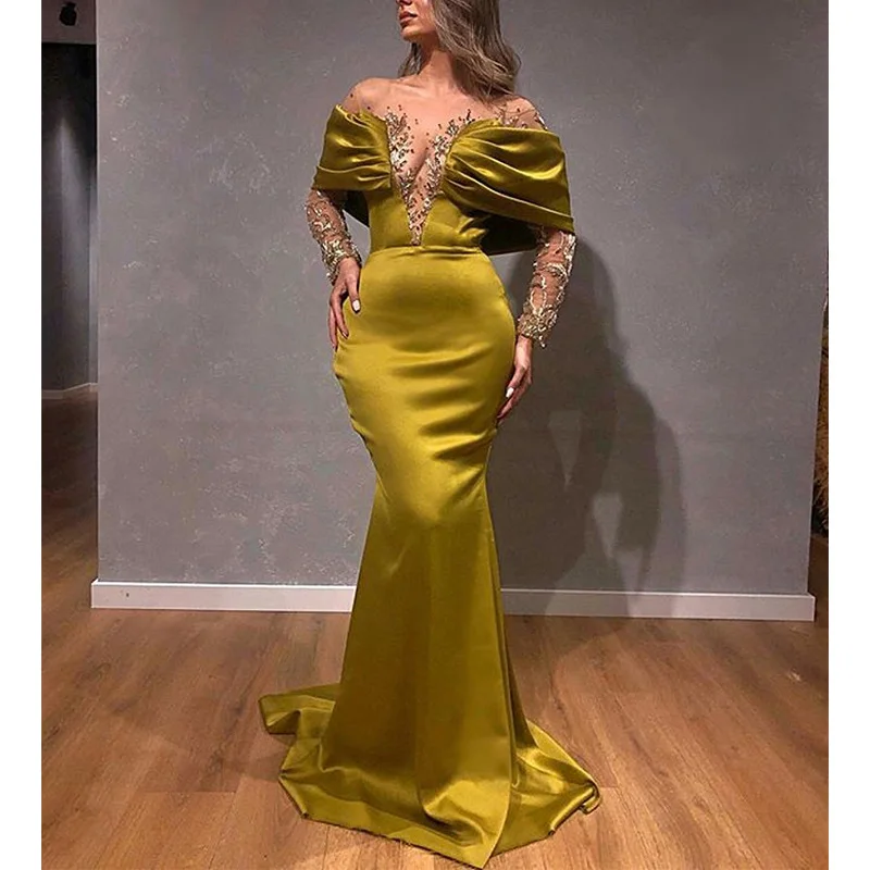 

Женское вечернее платье-русалка, сексуальное платье с открытыми плечами и длинным рукавом для выпускного вечера, бальное платье с бисером, ...