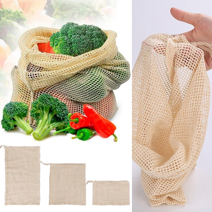 

Cotton Mesh Shopping Vegetable Bags Reusable Breathable Net Storage Bag Kitchen Fruit Vegetable Bags with Drawstring