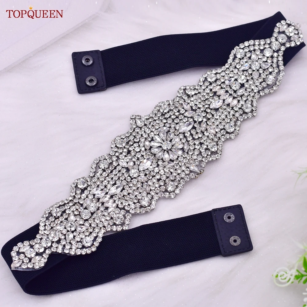 TOPQUEEN S233-B Fashion Women Black Elastic Belt All-match Silver Rhinestones Women Dress Gown Elegant Female Daily Sash Sparkly