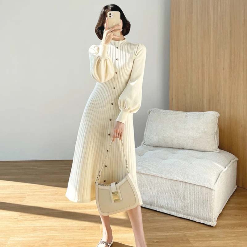 

2022 Winter Women's Sweater Dress Long Warm Lantern Sleeve Knitted Party Dresses Half Turtleneck Button Elasticity Dress Female