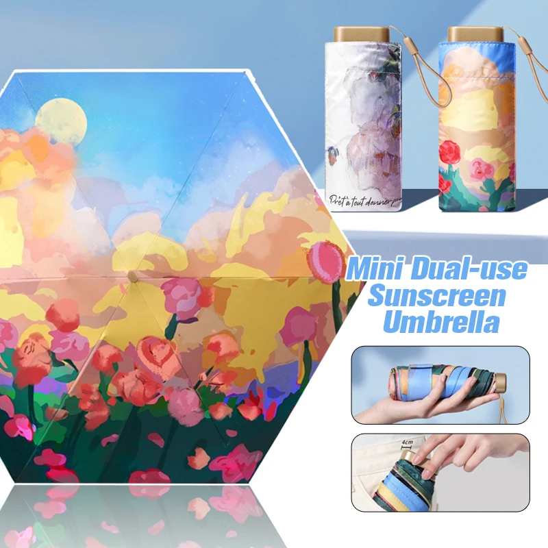 

Summer Oil Painting Series 6 Folding Umbrella Rain Women Creative Arts Anti-UV Sun Parasol Windproof Rain Umbrellas Girls Gift