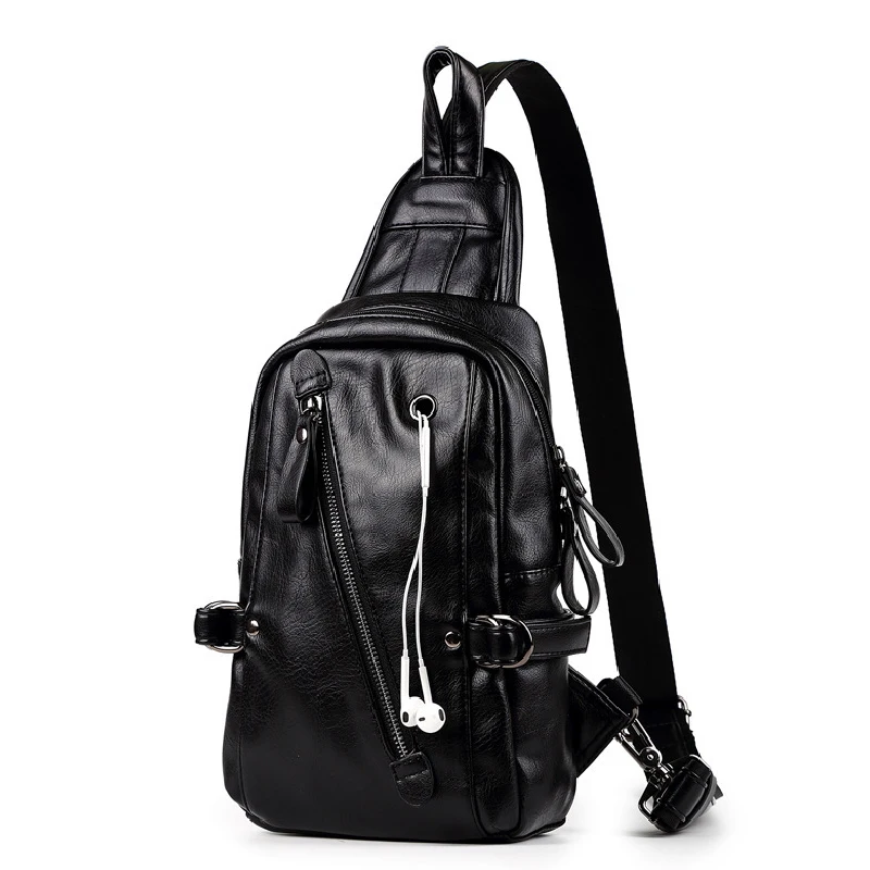 

High Quality PU Leather Men's Chest Packs With Headphone Jack Brand Black Business Crossbody Bags Anti-theft Party Diagonal Bag