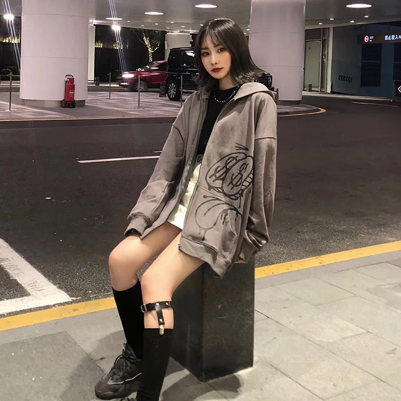 Deeptown Gothic Hoodie Women Korean Anime Print Long Sleeve Zip Up Tracksuit Cotton Streetwear Oversized Hip Hop Coat Grunge