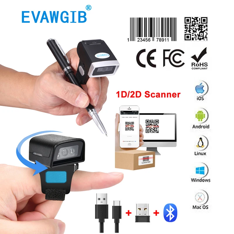 QR Code 1D/2D Ring Scanner Wearable Scanner Finger Barcode Reader Bluetooth Barcode Scanner Portable Bar code Scanner PDF Code