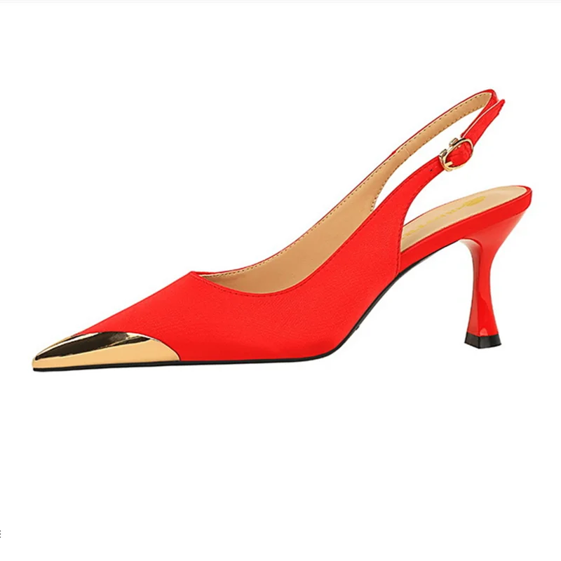

Women Kitten Heels 7cm Back Buckle Strap Sandals Front Closed Toe Silk Satin Tacons Metal Long Mouth Dress Stilettos Shoes 40-34