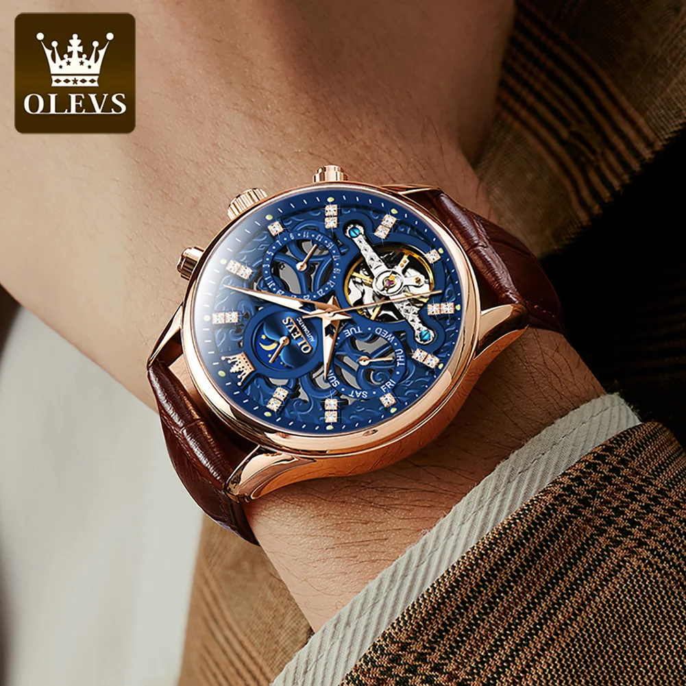 Мужские механические водонепроницаемые часы-скелетоны с автоматической