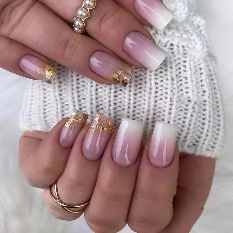 

24Pcs Detachable False Nails Simple Square Head Press on Nails Wearable French Glitter Fake Nails Coffin Full Cover Nail Tips