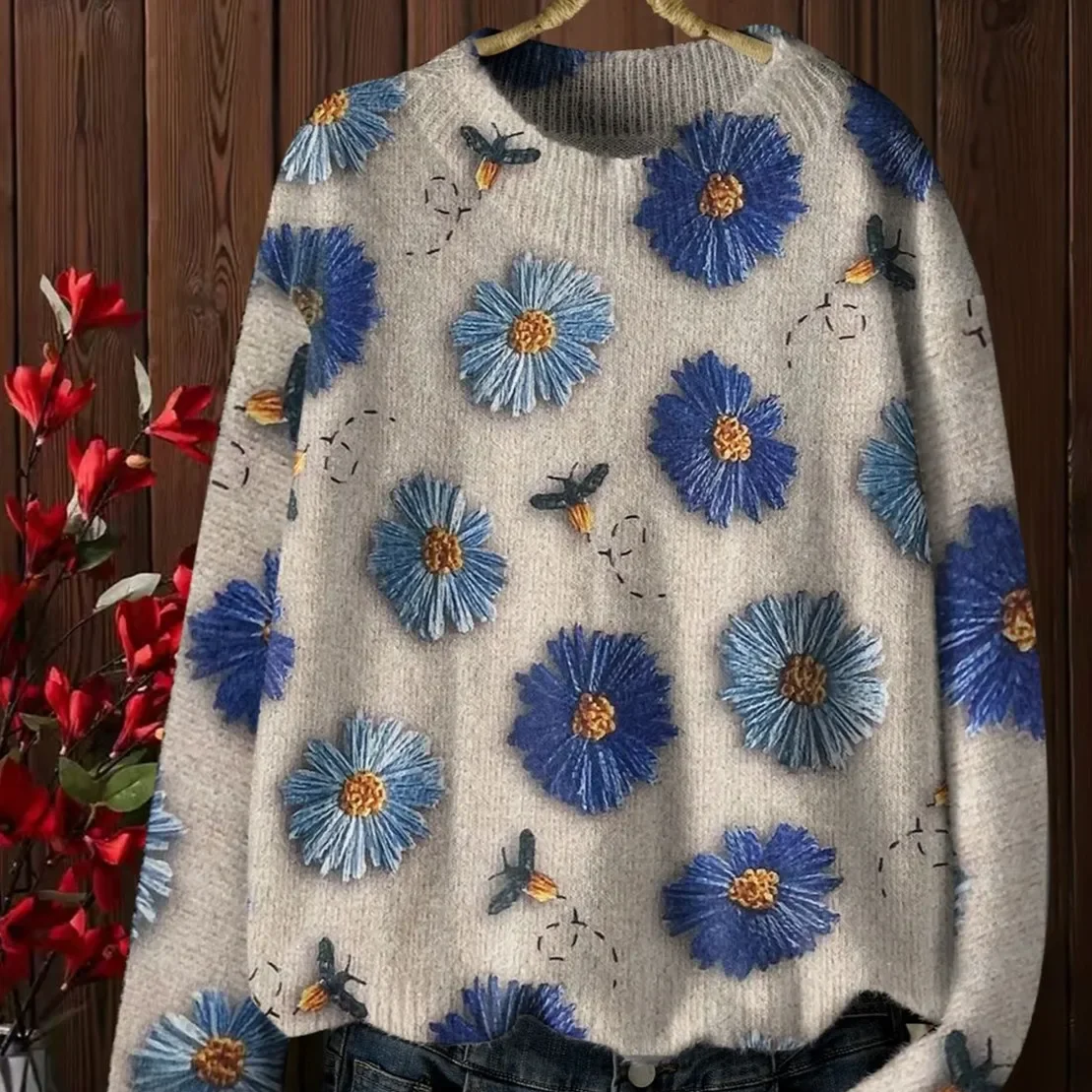 Новый осенне-зимний свитер женский винтажный с цветочным принтом милый вязаный