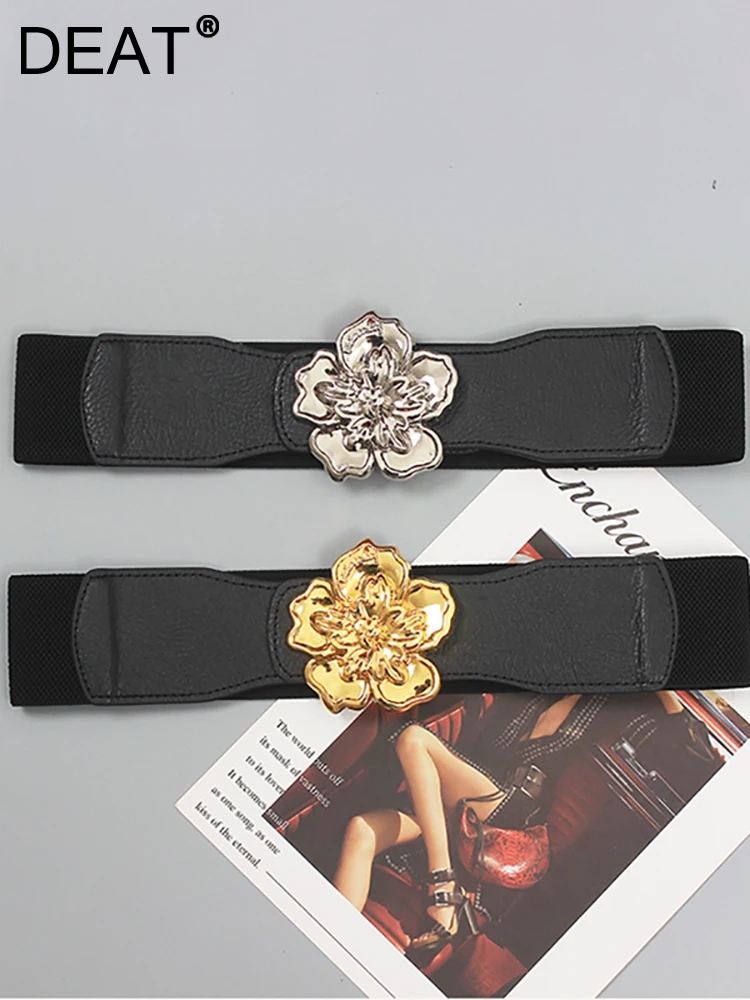 

DEAT Fashion Women's Belt Broad Waist Metal Flower Spliced PU Leather High-quality Pair With Dress Belts 2023 Trend New 17A5993