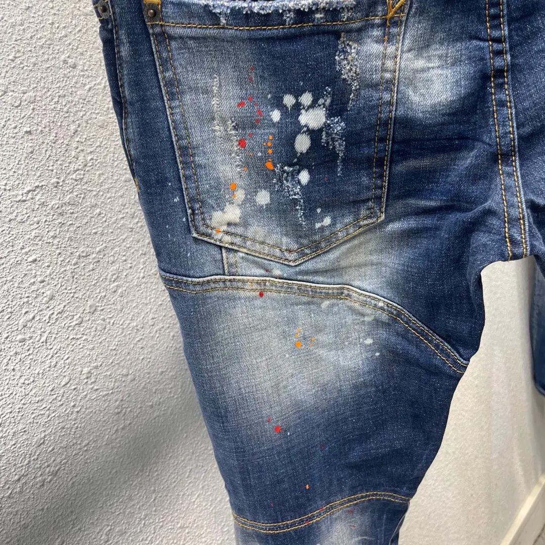 2023 men's jeans with three-dimensional stitching, light color washed paint dots, slim fit, small feet slightly elastic, damp