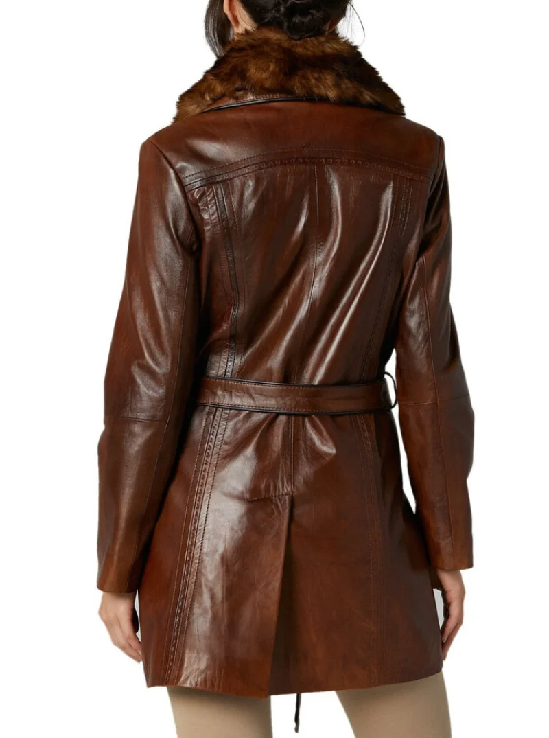 Women Leather Jacket Brown Genuine Real Leather Fur Collar Belted Long Trench Coat