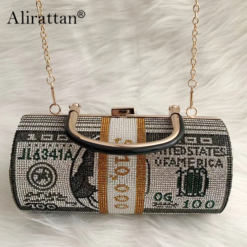 

Alirattan 2022 New Diamond-Encrusted Cylindrical Bag Messenger Shoulder Party Bag Fashion Dollar Hand-Held Evening Bag