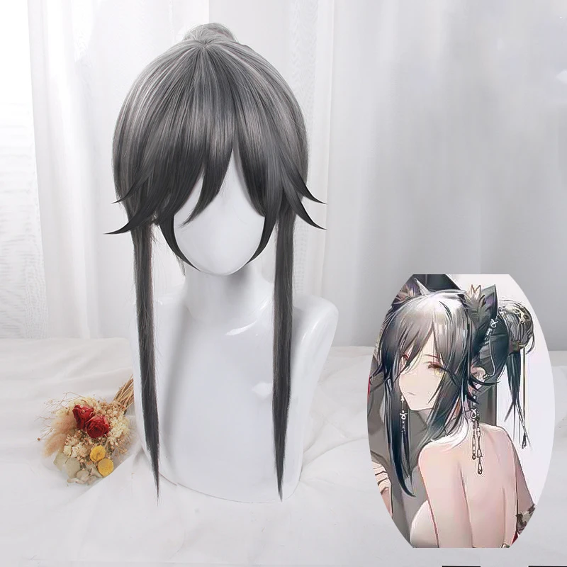 

Game Arknights Silverash Cosplay Schwarz Heat Resistant Synthetic Hair Halloween Free Wig CapRole Ear Props Gradient with Ears