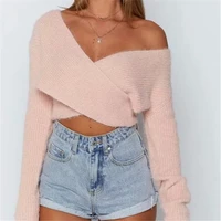 sweater women 2022 new style european and american fashion new style cross v neck sexy short navel long sleeved sweater