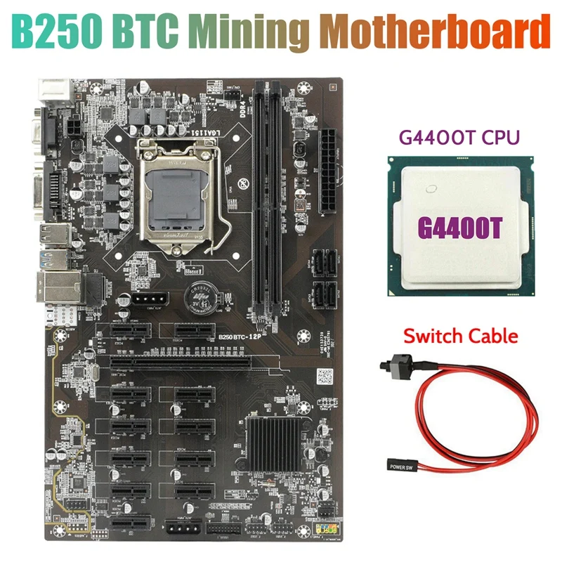 

Материнская плата для майнинга B250 BTC с процессором G4400T + кабель переключения 12x, слот для графической карты LGA 1151, поддержка DDR4 RAM для майнинга ...