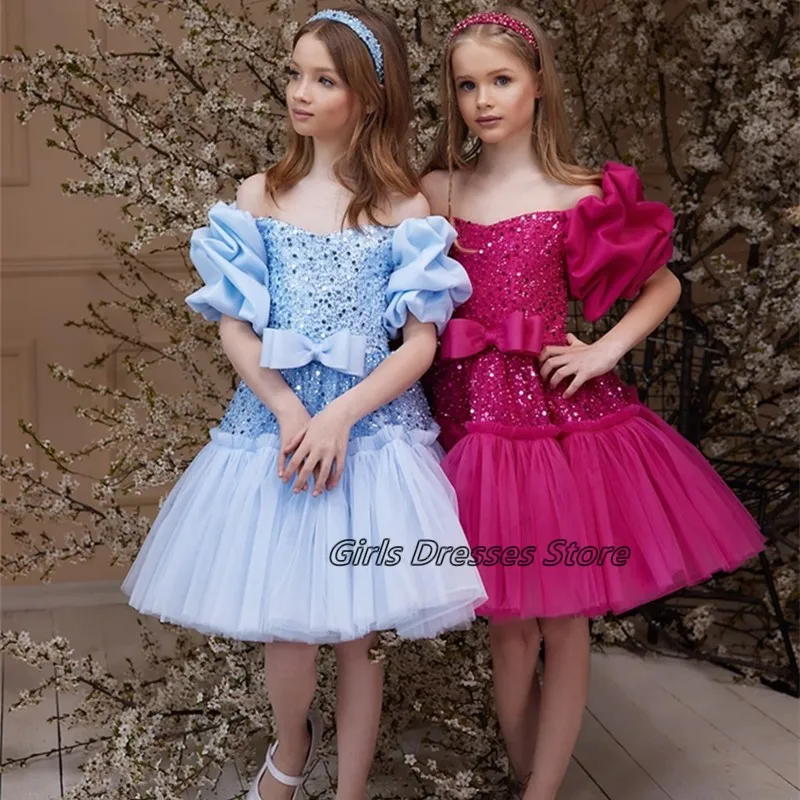

Beautiful Short Balloon Sleeve Sequin Party Special Occasions Princess Flower Girl Dress