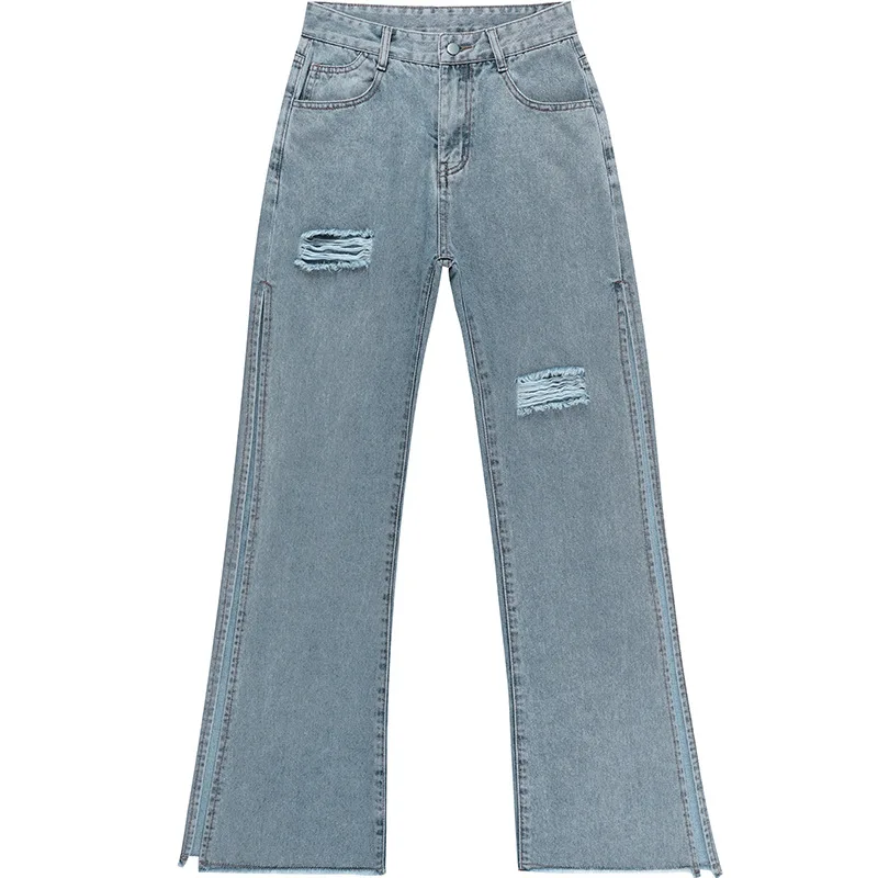 New Ladies Personality Slit Ripped Casual All-Match Denim Trousers