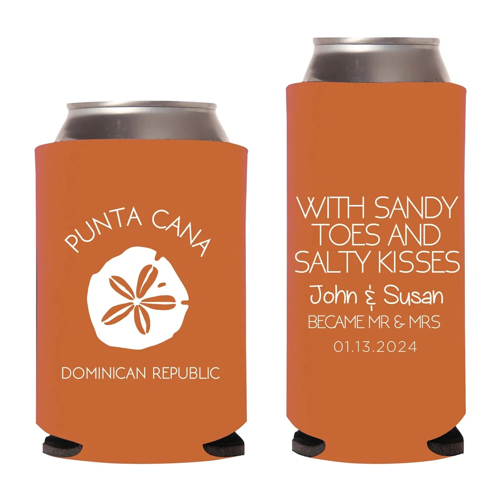 Custom Wedding Can Coolers - Sandy Toes and Salty Kisses We became Mr & Mrs - Wedding Favors for Destination Weddings, Beer Can
