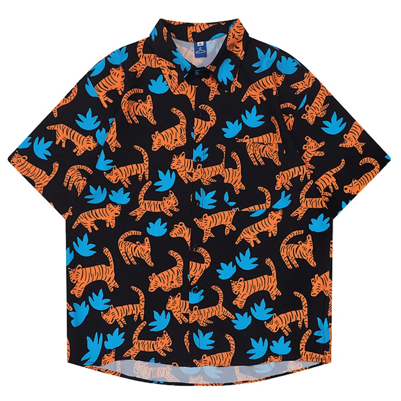 

2022 SS Unisex Rrtro Harajuku Tiger Print Couple Shirts Men Oversize Hawaii Short Sleeve Flowers Rabbit Printed Tropica Shirts