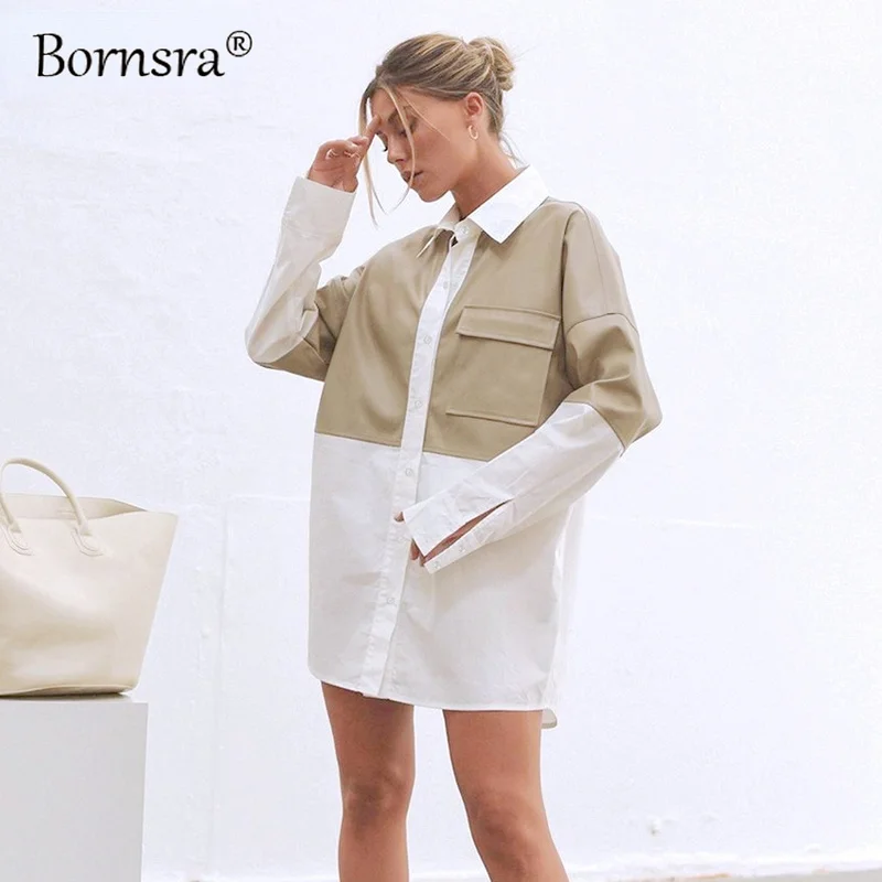 

Bornsra Splicing Leather Shirt Woman Long Sleeve Pocket Ladies Blouse Casual Top Chic Elegant Female 2022 Fashion Spring Autumn