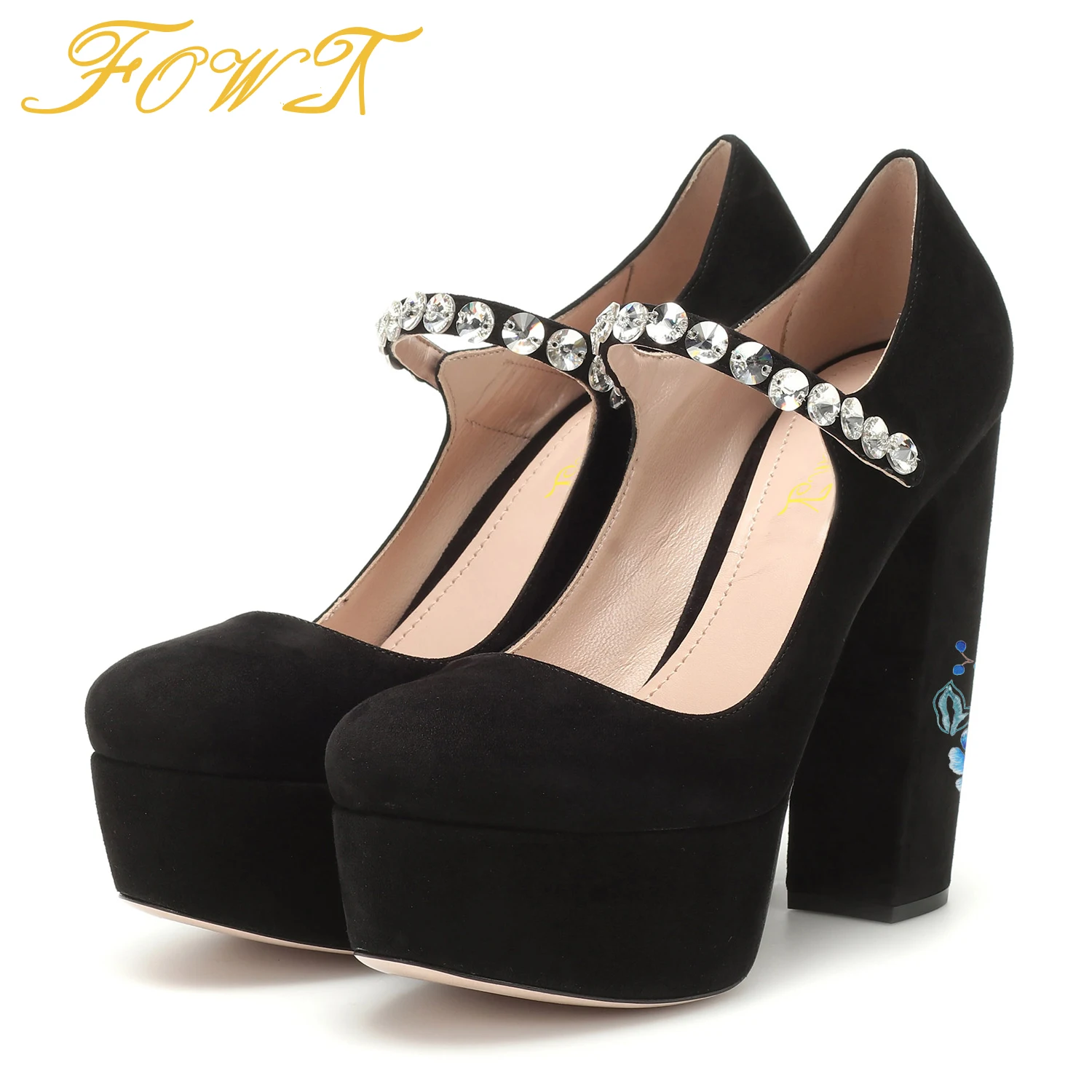 

Туфли-лодочки женские на платформе и высоком массивном каблуке, пикантные Вечерние Туфли Мэри Джейн с кристаллами и круглым носком, большие размеры 42 43, FOWT