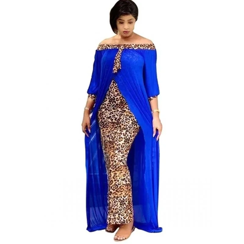 

Spring Autumn Fashion Loose Leopard Women Maxi Dresses Long Split Gown Leisure Outdoor Patchwork Strapless Sexy African Dress