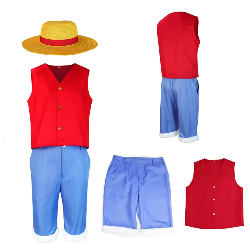 

Anime One Cos Piece Luffy Cosplay Costume Men Outfits Red Tops Shorts Straw Hat Summer Set Adult Halloween Party Disguise Suit