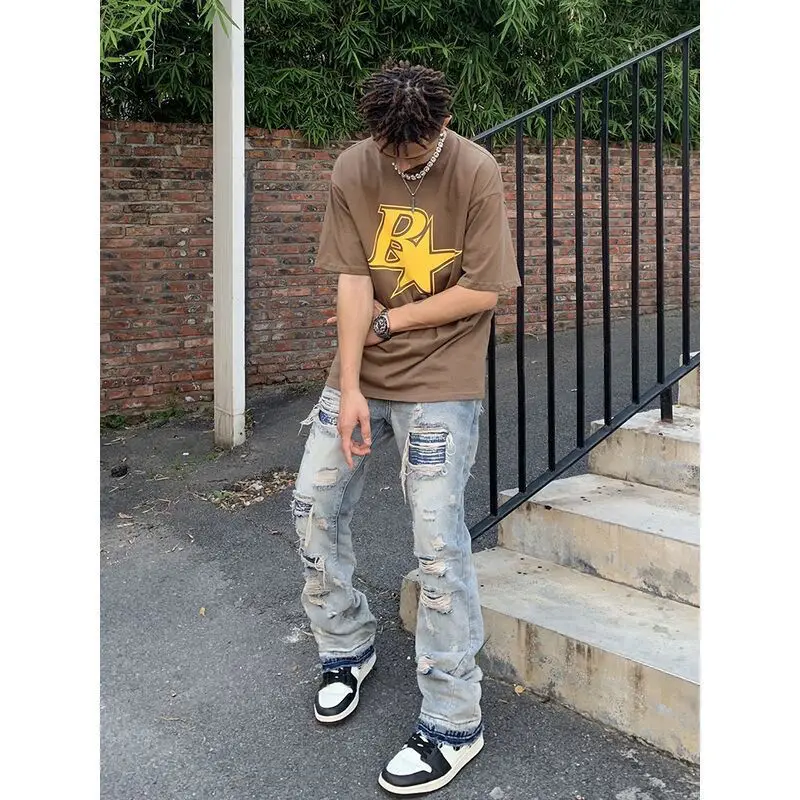 Men Vintage Hip Hop Streetwear Alt Jeans Straight Ripped Fairy Grunge Wide Leg Pants Denim Trousers Low Waist Oversize Clothes