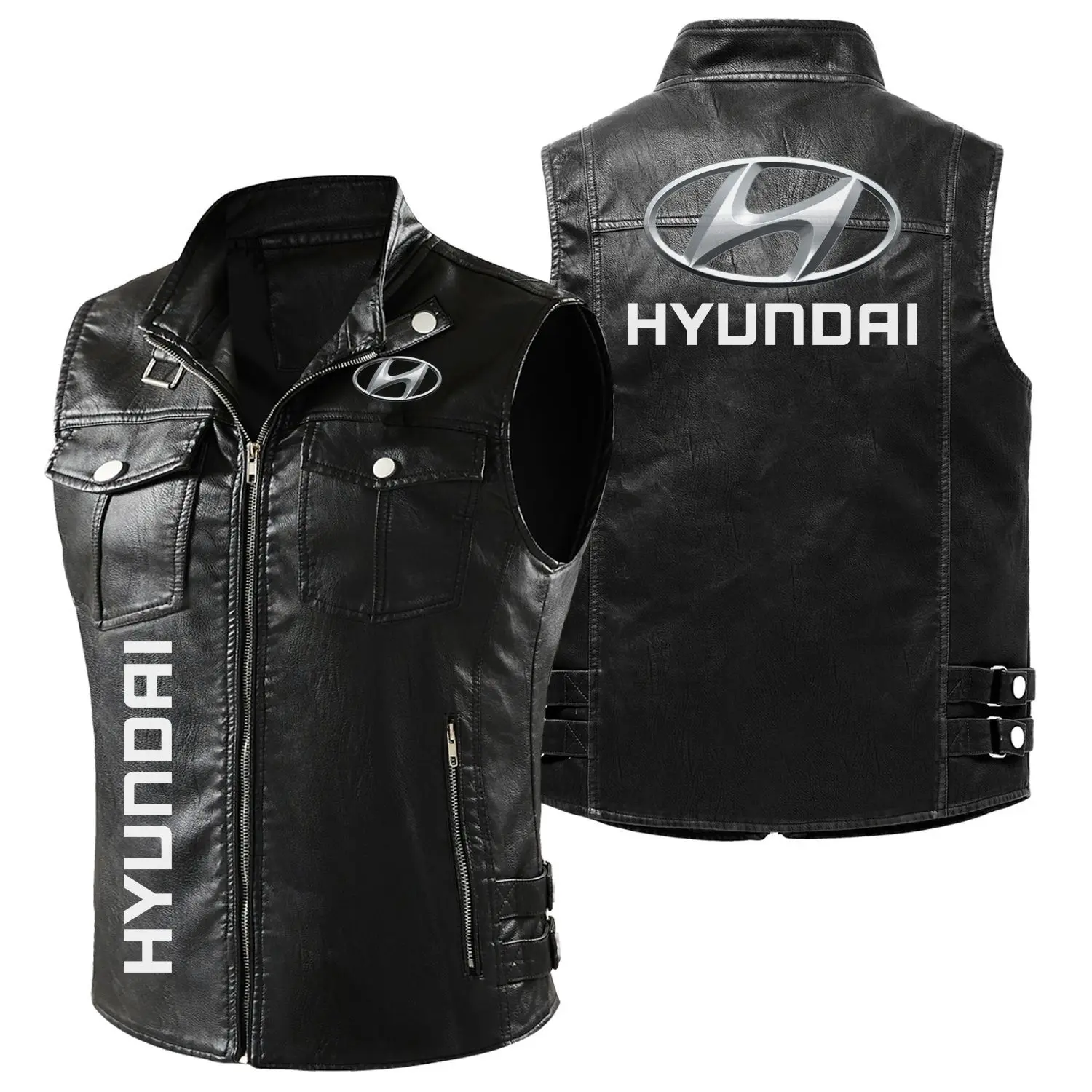 

2023 г., мотоциклетная куртка с логотипом HYUNDAI, мужской кожаный жилет, модная велосипедная куртка без рукавов для гоночного автомобиля, четыре сезона, искусственная кожа для мужчин