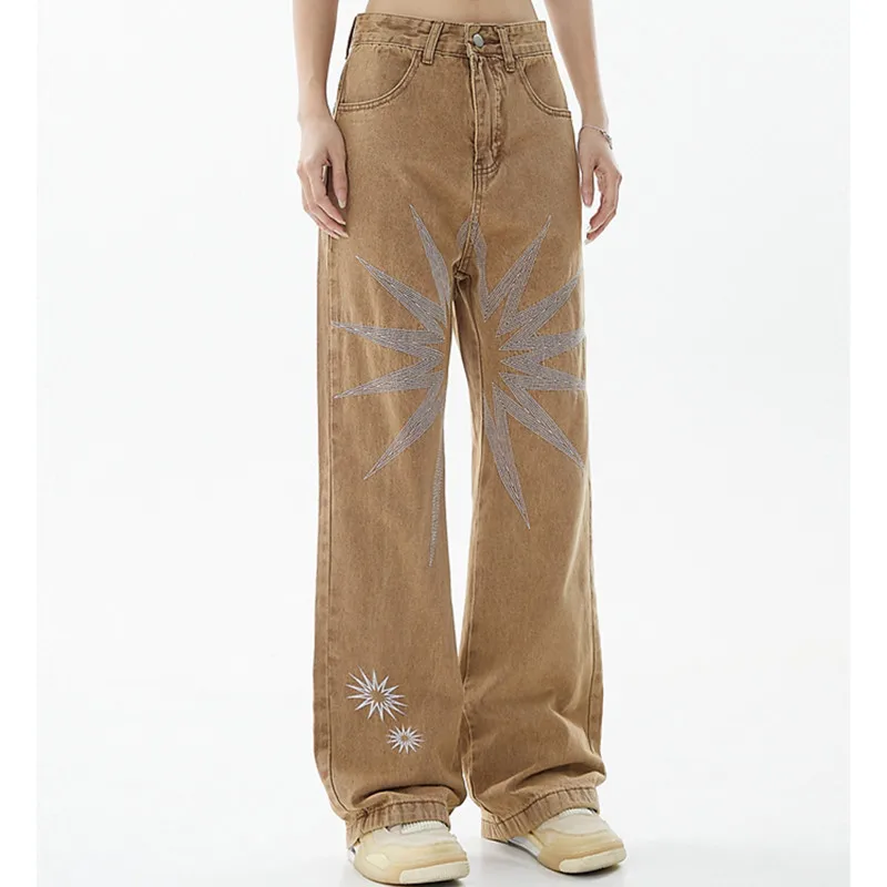 

Новое поступление 2022 года, повседневные джинсовые брюки цвета хаки с вышивкой звезд для женщин, мешковатые мужские прямые джинсовые брюки в...