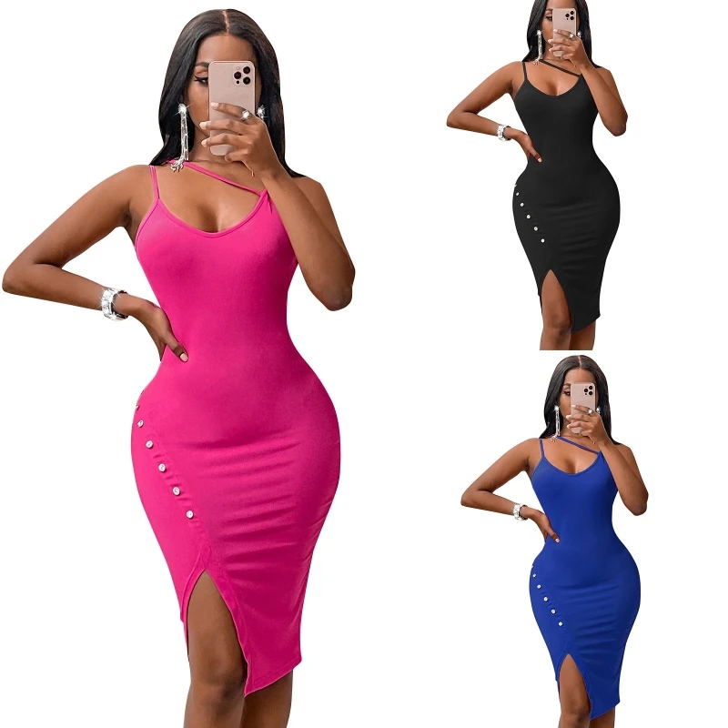 

Women Split Bodycon Dress Sexy Spaghetti Straps Evening Dress Solid Color Sleeveless Dress Club Party Dress for Cocktail