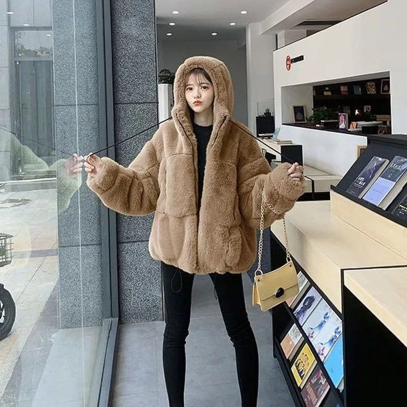 leopard brown Autumn Elegant Women Loose Hooded Teddy Bear Coat Faux Fur Jacket Female Zipper Furry Outwear Overcoat with Pocket
