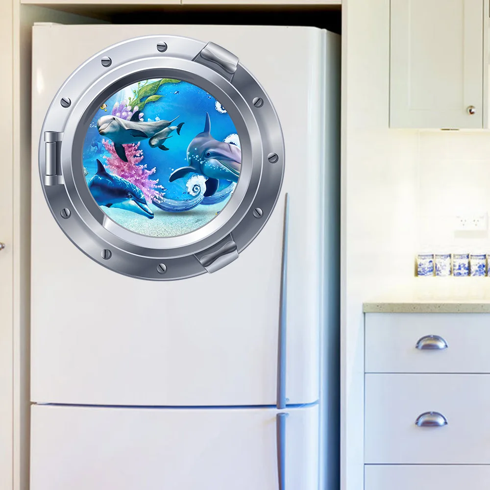

New Self　Ａdhesive 3D Submarine Dolphin Underwater World Wall Stickers Living Room Bathroom Waterproof Decorative Stickers
