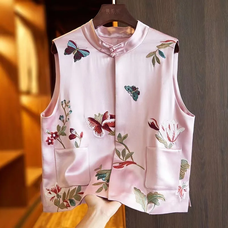 

Китайский традиционный Женский жилет, ретро свитер из хлопка и льна с вышивкой, Женский Топ с высоким воротником, изысканный летний