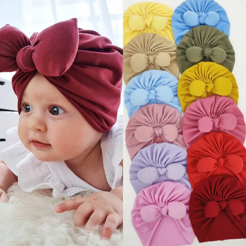 

Winter Autumn Baby Girls Hat Solid Color Nylon Elastic Rabbit Ear Newborn Turban Kids Children Bonnet Cap Beanie Cute Headwear