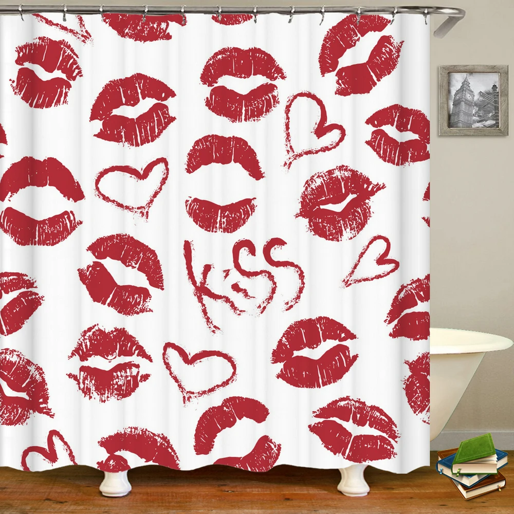 

Happy Valentines Day Shower Curtains Bathroom Curtain Rose Love Kiss Red lips Romantic Decor Shower Bath Waterproof Fabric