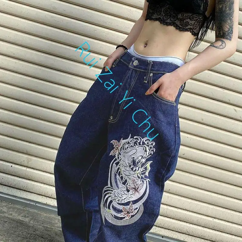 Retro National Tide Unilateral Pattern Embroidery Handsome Women's Jeans Straight Casual Loose Wide-Leg Pants American New Y2K