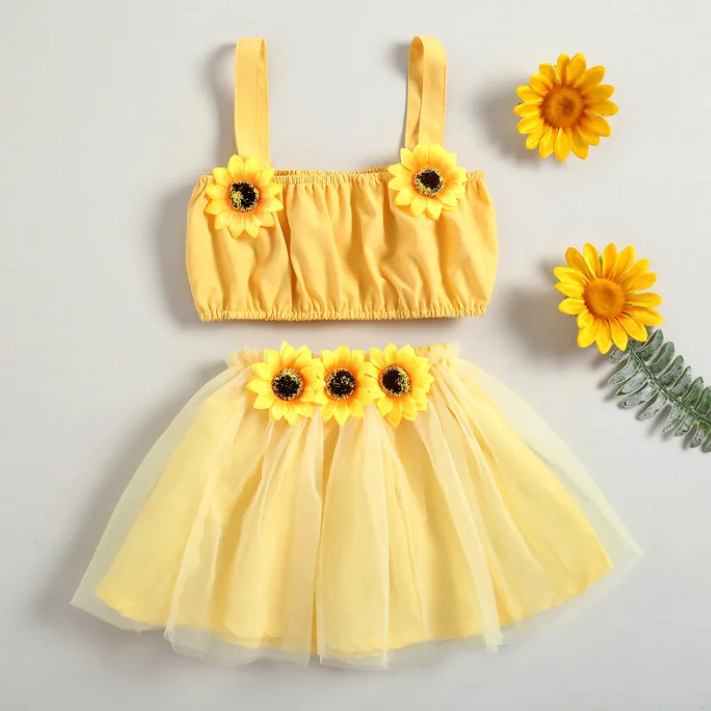 

2Pcs Girls Summer Skirt Set, 3D Sunflower Elastic Crop Vest + Short Gauze Skirt for Toddlers, Kids, 6 Months to 3 Years