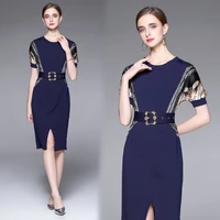 2022 summer new womens high end temperament round neck short sleeve waist closing sexy split fashion printed dress with belt