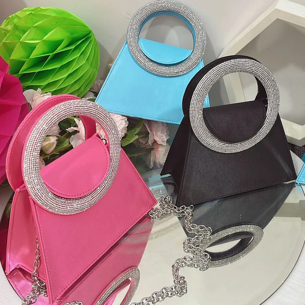 Роскошный женский вечерний клатч с круглыми ручками со стразами атласные сумки