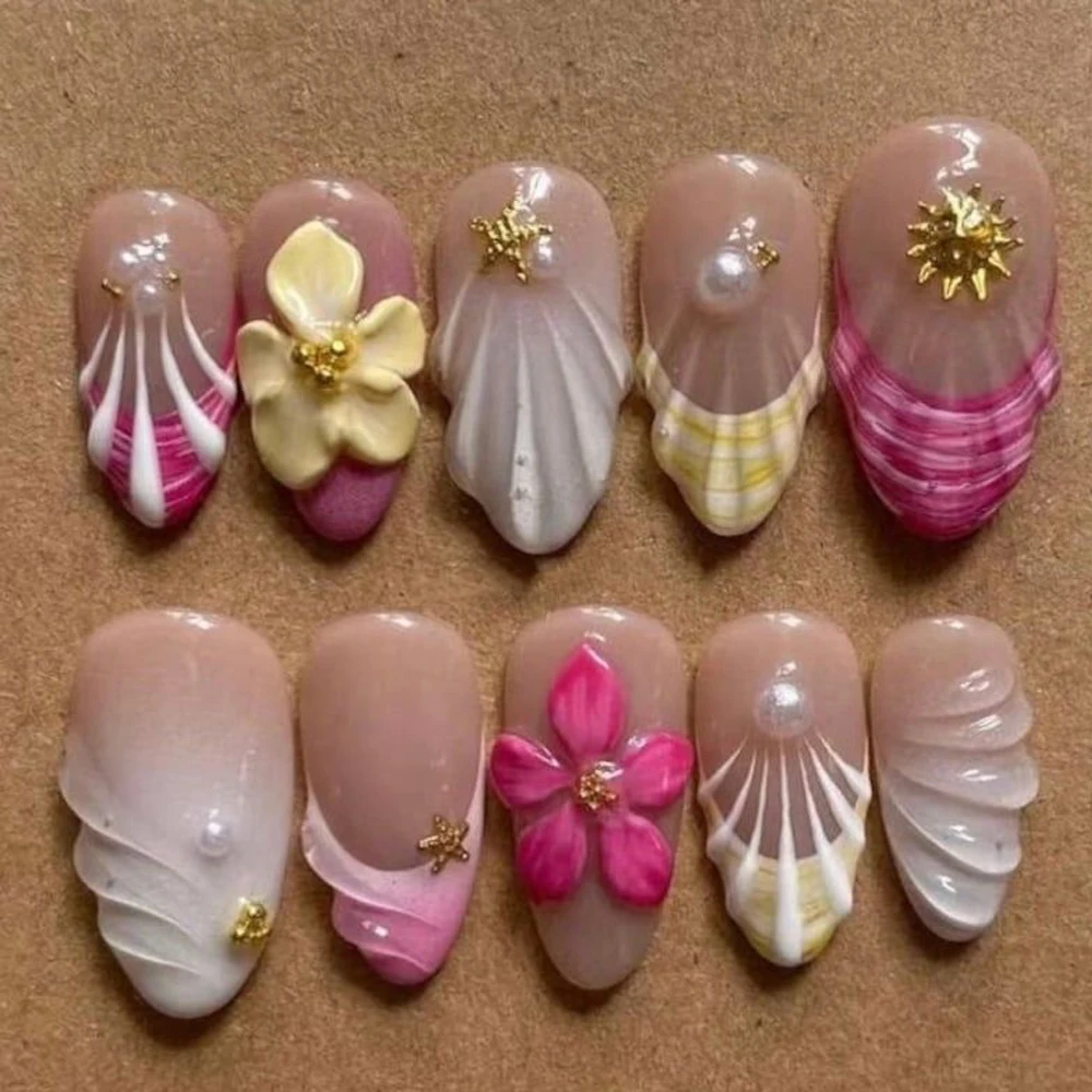Короткие гелевые накладные ногти в форме ракушки миндаля ручная работа