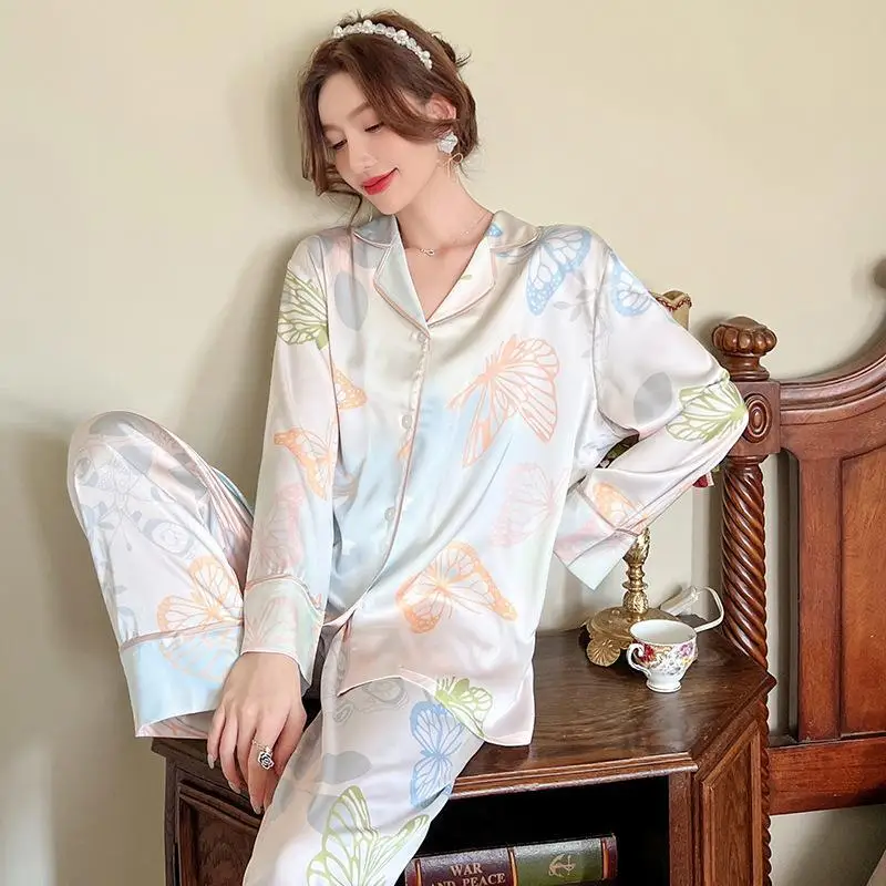 New pajamas women's long-sleeved trousers personalized printing silk wholesale pajamas for women