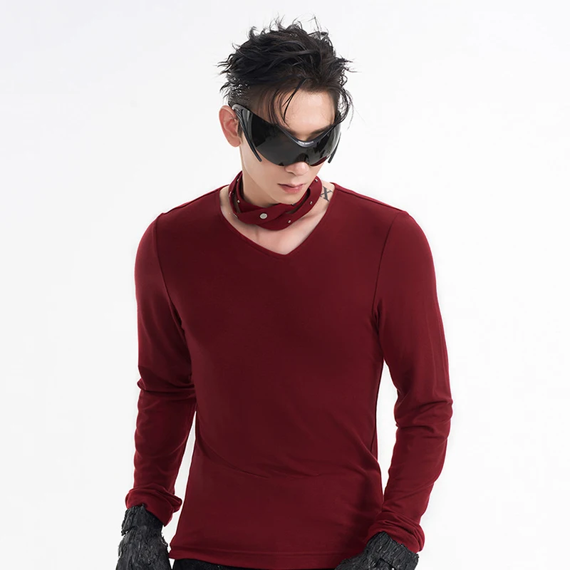 FEWQ мужские футболки с v-образным вырезом однотонные тонкие флисовые длинными