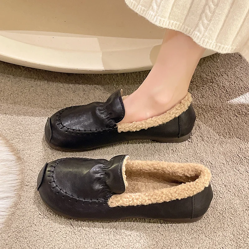 

Туфли женские без шнуровки, меховые кроссовки, Повседневная Базовая обувь, Осень-зима