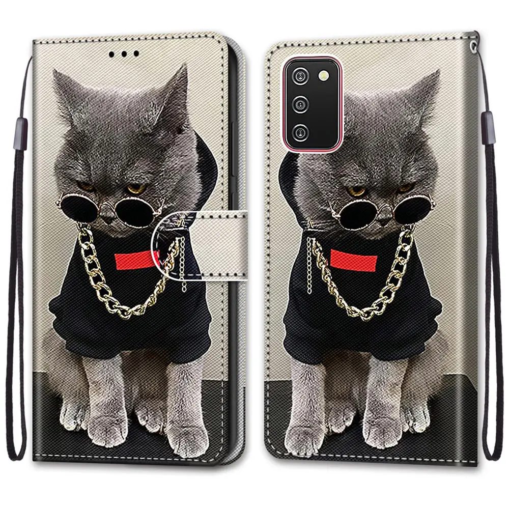 Kids Etui Card Holder Wallet Flip Case For Samsung Galaxy A22 A32 A52 A52S A72 Flower Cat Butterfly Pattern Phone Book Cover