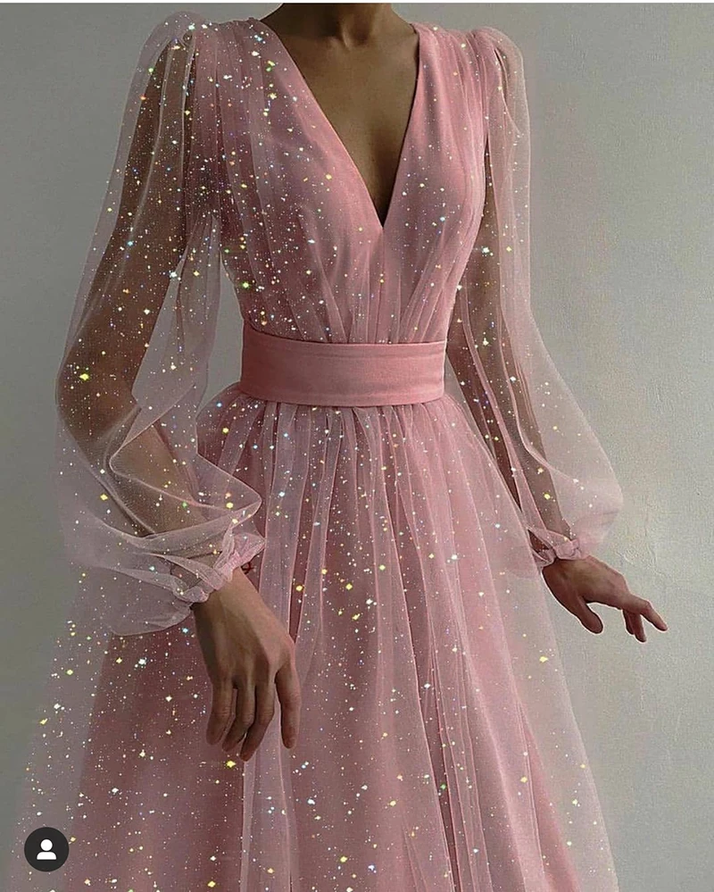 

New Arrival Summer Tulle Long Sleeve Shiny Knee-Length Party Evening Dress Women Elegant V-Neck Homecoming Gown Vestidos