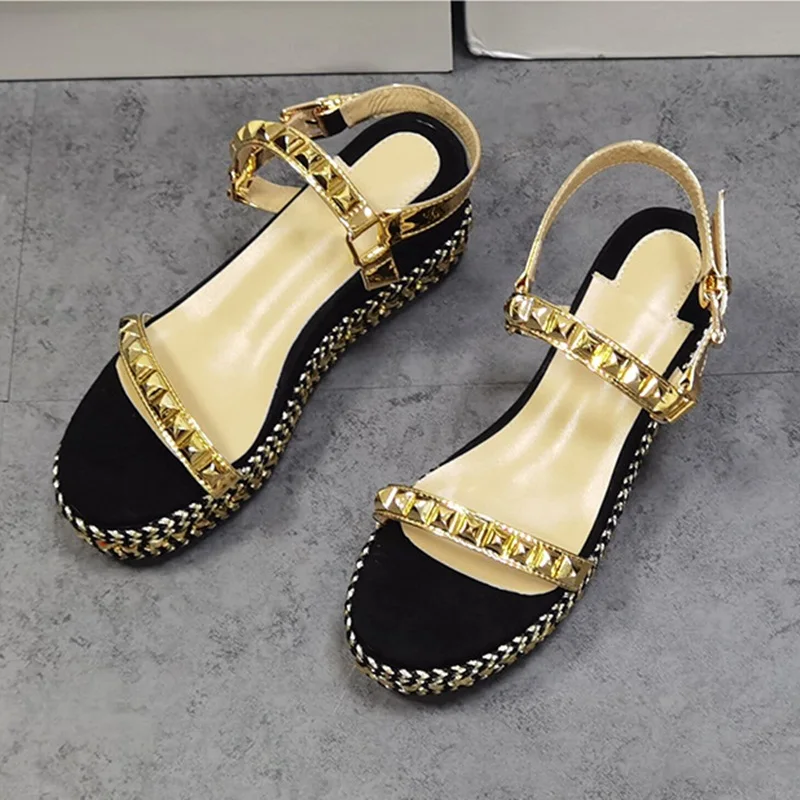 

Cheap Gold Studded Women Wedge Sanals Weave Braid High Platform Wedges Shoes Open Toe Ankle Strap Summer Dress Shoes