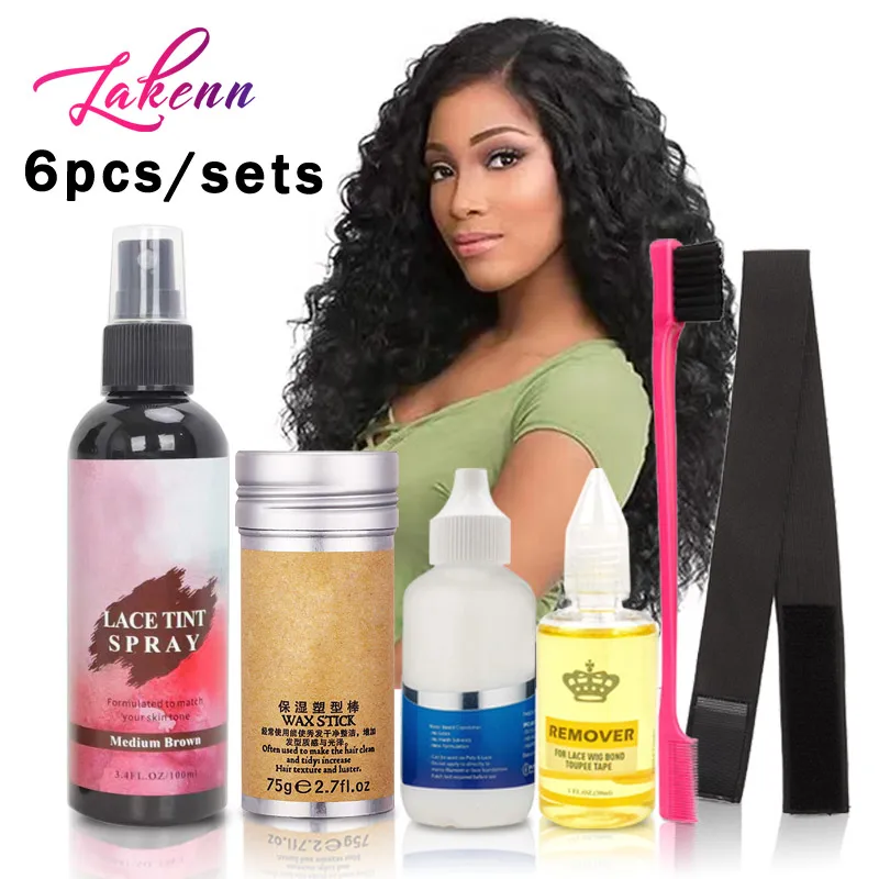 Light/medium/dark Brown Lace Tinting Spray Lace Wig Glue And Remover Elastic Melt Band Hair Wax Stick 6pcs Kit