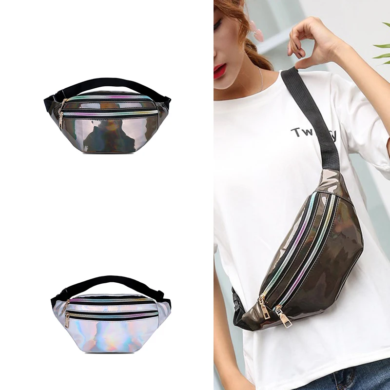 Wholesale  Designer Hologram Fanny Pack Geometric Sling Chest Bag Ultra Slim Bum Bag Pouch Waist Bag Silver For Women