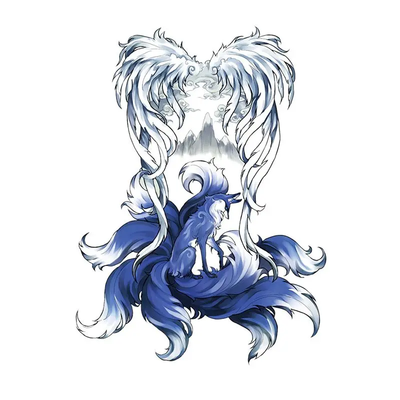 

Тату-наклейка с крыльями ангела, девять хвостов, лиса, синяя лиса, снег, гора